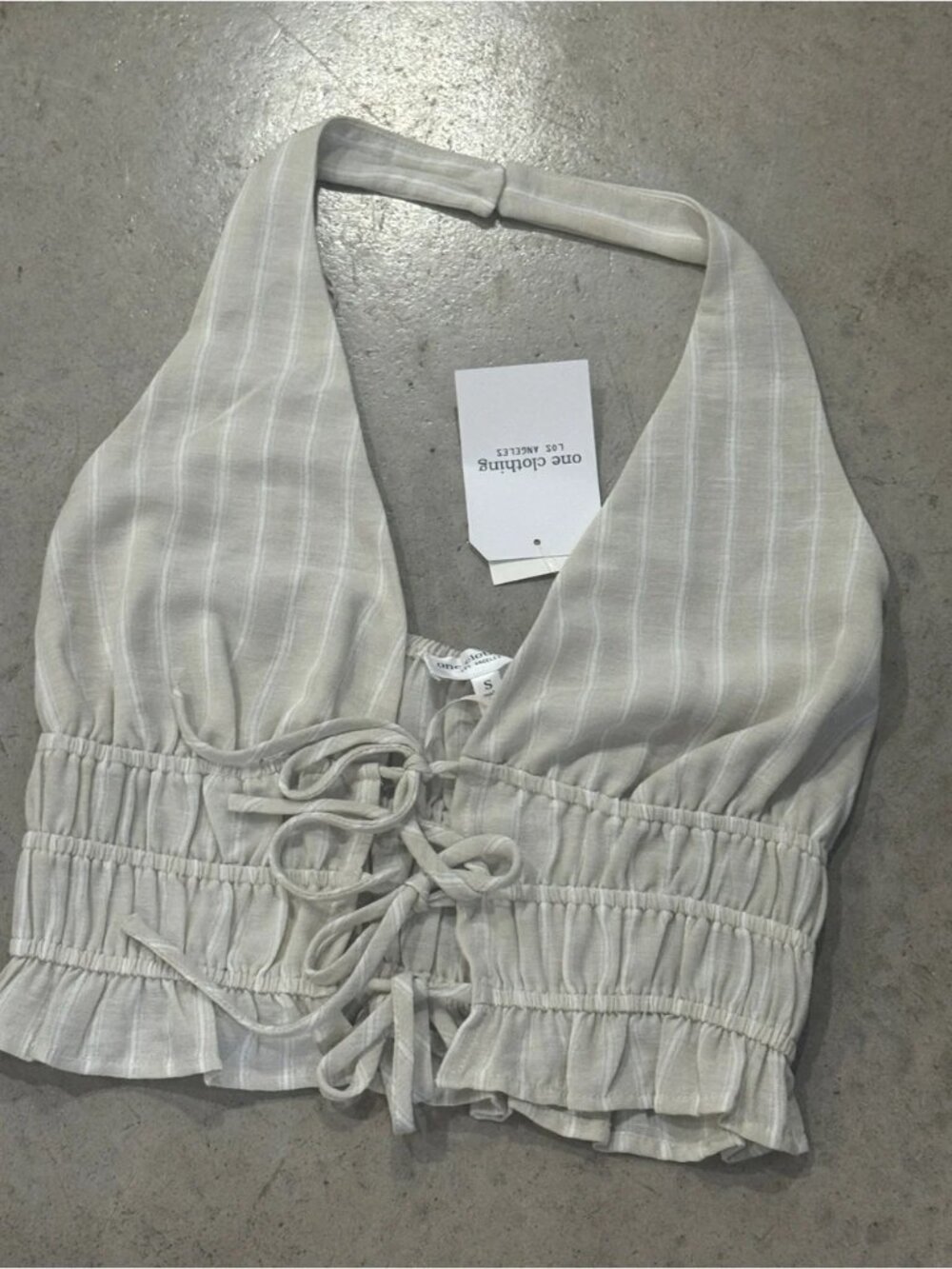 clothing Cream Striped Halter Lace-Up Crop Top